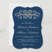 Faire-part de mariage Navy Blue Silver Flourish (Devant)