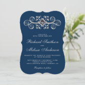 Faire-part de mariage Navy Blue Silver Flourish (Debout devant)