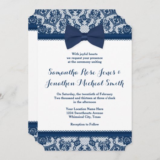 Faire-part de mariage Navy Blue & White Lace Bow (Devant / Derrière)