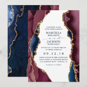Faire-part de mariage Navy, Bourgogne & Agate doré