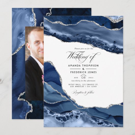 Faire-part de mariage Navy et Agate argentée (Devant / Derrière)