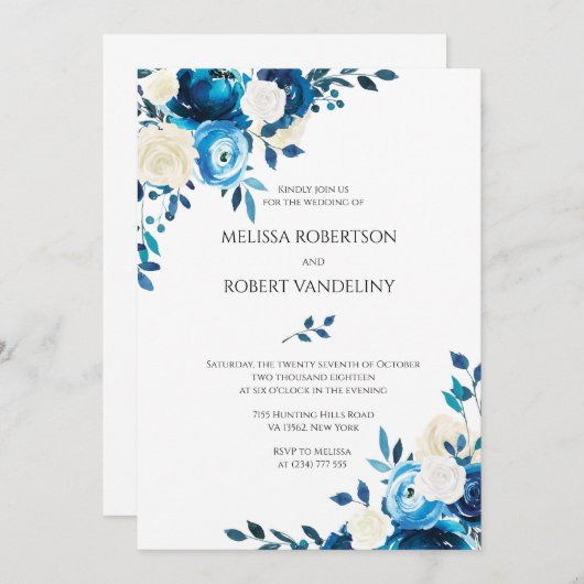 Faire-part de mariage Navy Fleurs Roses Bleues (Devant / Derrière)