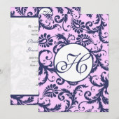 Faire-Part de Mariage Navy & Rose Damassé avec Tou (Devant / Derrière)