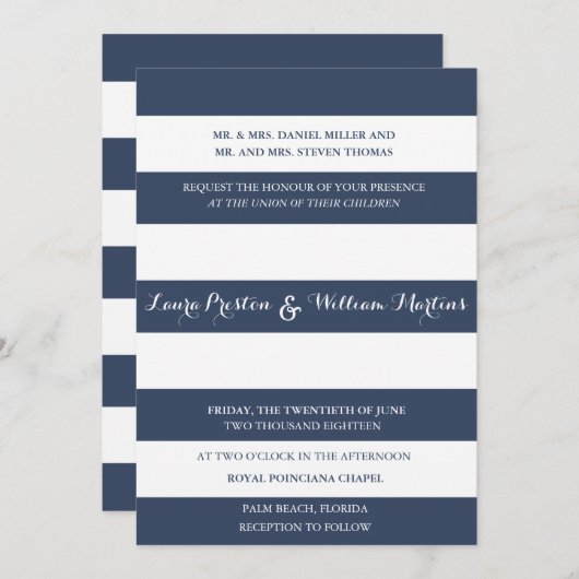 Faire-part de mariage Navy & White Stripes (Devant / Derrière)