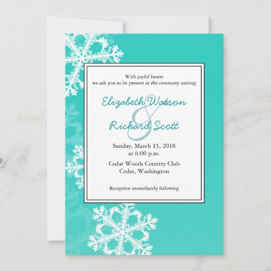 Faire-part de mariage Noël Flocons de turquoise (Devant)