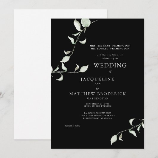 Faire-part de mariage noir à feuillage aquarelle m (Devant / Derrière)