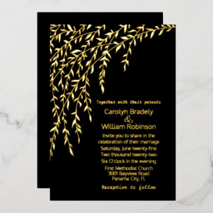 Faire-part de mariage noir à feuilles de saule dor