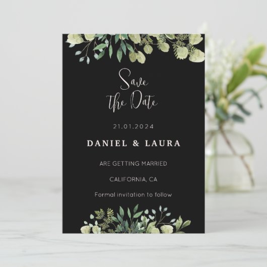 Faire-part de mariage noir à sauver la date (Debout devant)