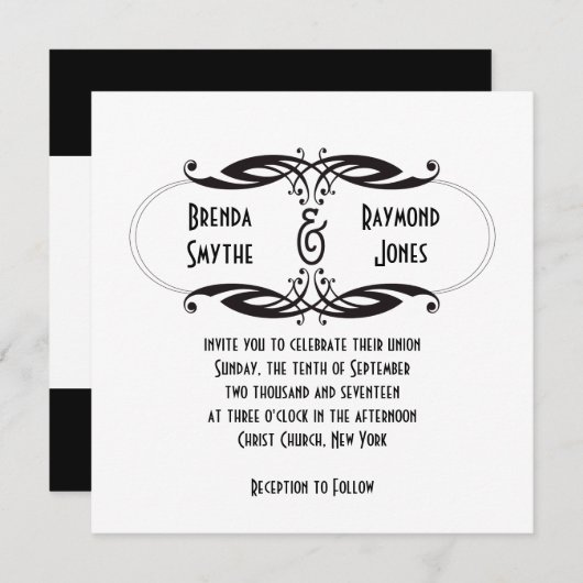 Faire-part de mariage noir Art déco| Initiales (Devant / Derrière)