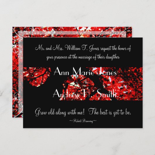 Faire-part de mariage noir avec arbre feutré rouge (Devant / Derrière)