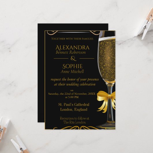 Faire-part de mariage noir avec verre Champagne d' (Devant/Arrière en situation)