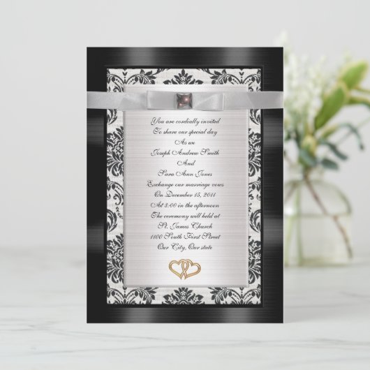 Faire-part de mariage noir blanc Damask (Debout devant)