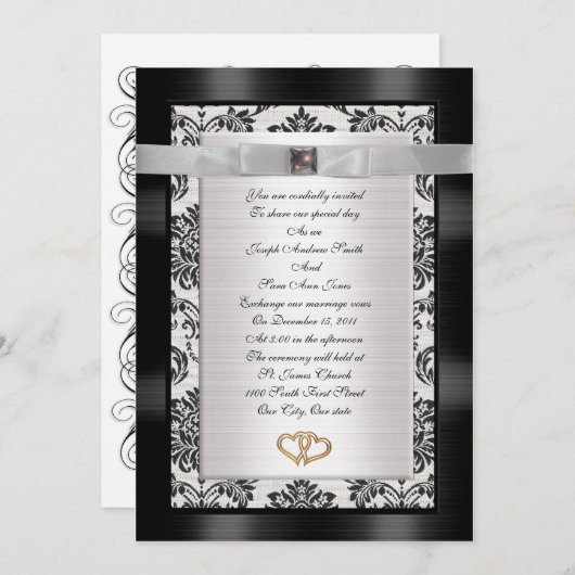 Faire-part de mariage noir blanc Damask (Devant / Derrière)