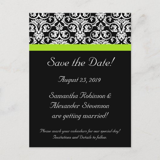 Faire-part de mariage Noir/Blanc Damassé Vert Char (Devant)