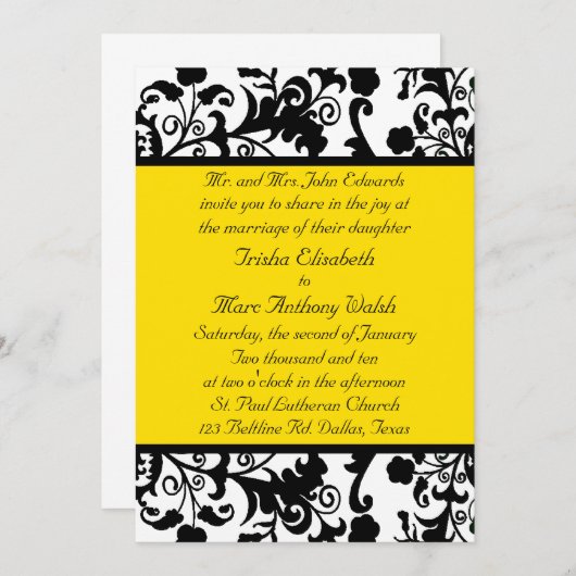Faire-part de mariage noir, blanc, et jaune (Devant / Derrière)