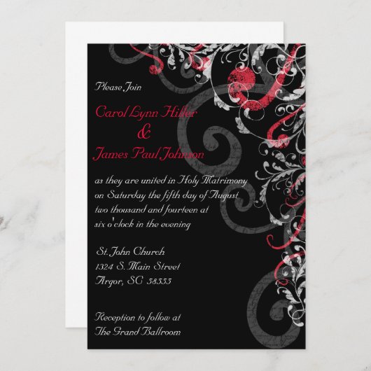 Faire-part de mariage noir, blanc et rouge (Devant / Derrière)