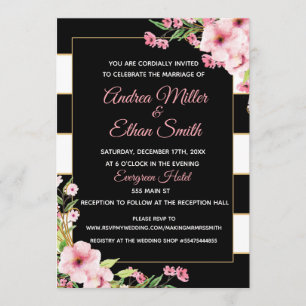 Faire-part de mariage noir blanc or rose floral