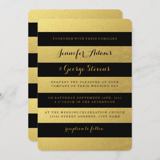 FAIRE-PART DE MARIAGE NOIR CHIC DE RAYURES DE L'OR (Devant / Derrière)
