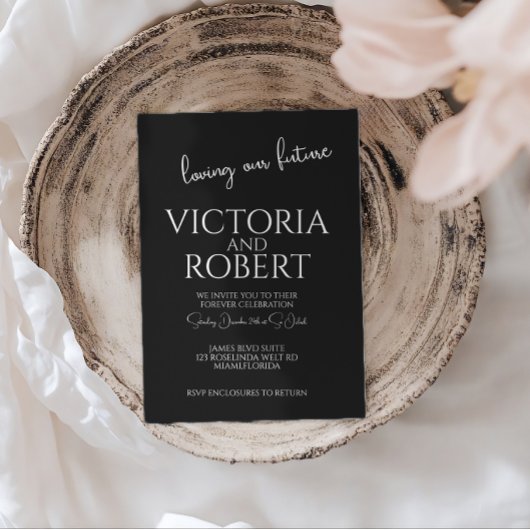 Faire-part de mariage noir citation de script mode