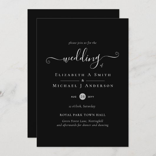 Faire-part de mariage noir classique (Devant / Derrière)