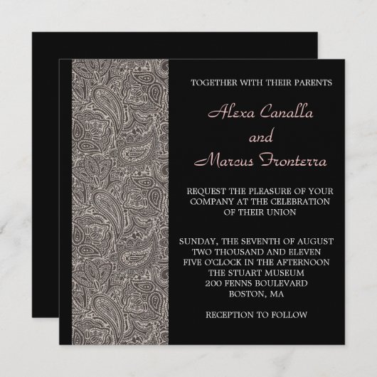 Faire-part de mariage noir de Paisley (Devant / Derrière)