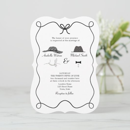 Faire-part de mariage noir et blanc avec code QR (Debout devant)