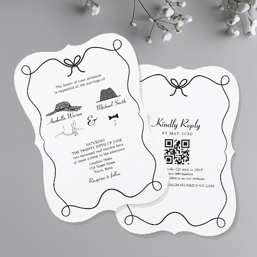 Faire-part de mariage noir et blanc avec code QR