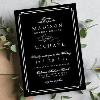 Faire-part de mariage noir et blanc avec feuille d