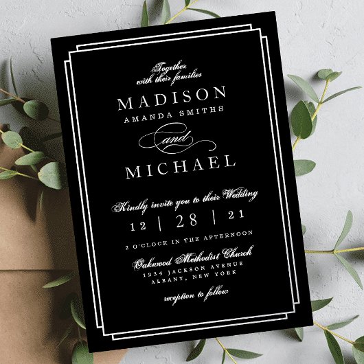 Faire-part de mariage noir et blanc avec feuille d