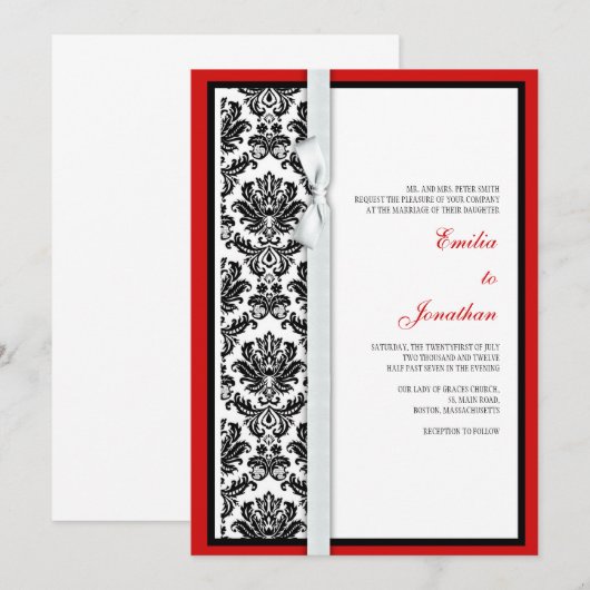 Faire-part de mariage noir et blanc Damask Bow (Devant / Derrière)