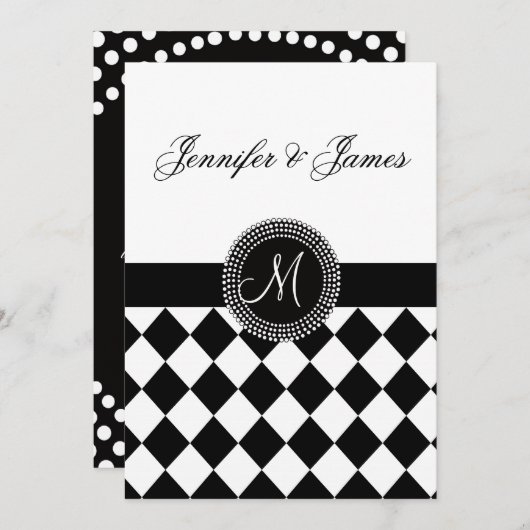 Faire-part de mariage noir et blanc de monogramme (Devant / Derrière)