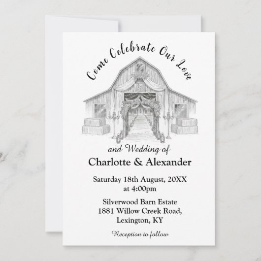 Faire-part de mariage noir et blanc grange rustiqu (Devant)