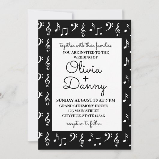 Faire-part de mariage noir et blanc Notes de musiq (Devant)