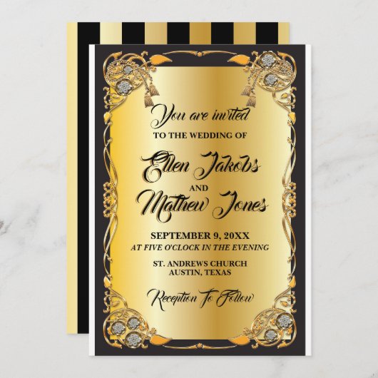 Faire-part de mariage noir et or (Devant / Derrière)