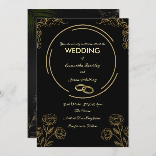 Faire-part de mariage noir et or (Devant / Derrière)