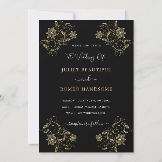 Faire-part de mariage noir et or avec fleurs (Devant)
