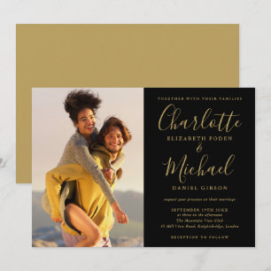 Faire-part de mariage noir et or avec photo de sig