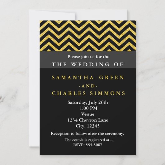 Faire-part de mariage noir et or Chevron moderne (Devant)