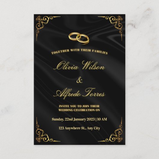 Faire-part de mariage noir et or élégant (Devant)