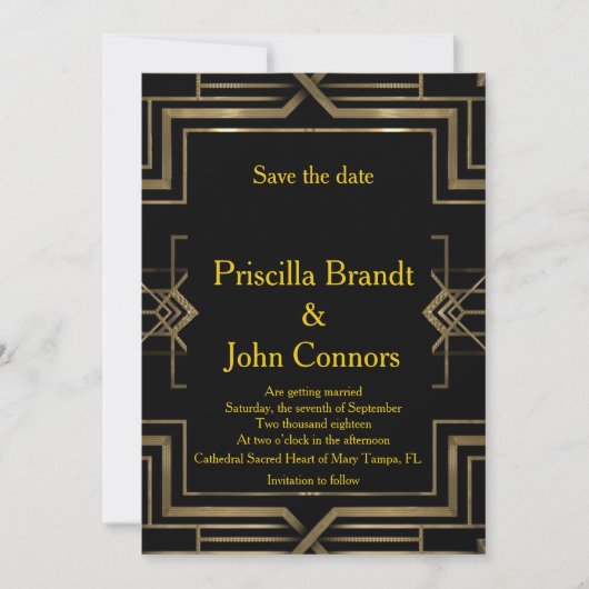 Faire-part de mariage, noir et or, Gatsby le magni (Devant)