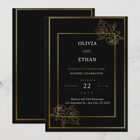 Faire-part de mariage Noir Et Or Premium (Devant / Derrière)