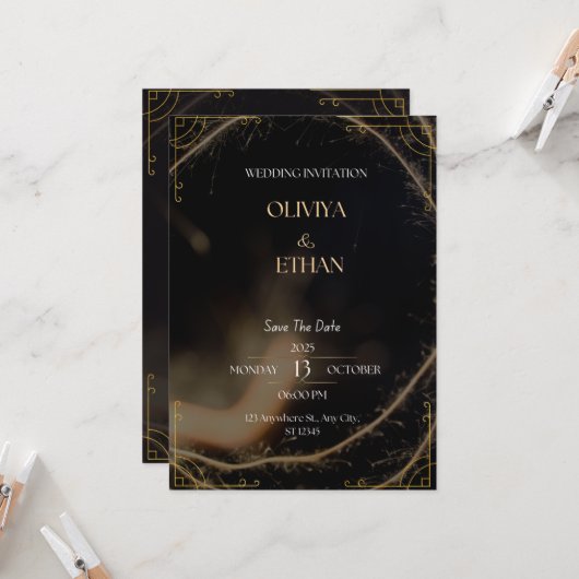 Faire-part de mariage Noir Et Or Premium (Devant/Arrière en situation)
