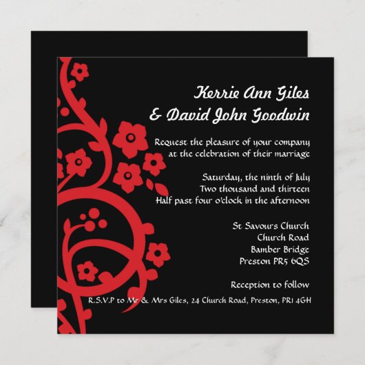 Faire-part de mariage noir et rouge (Devant / Derrière)