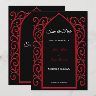 Faire-part de mariage noir et rouge à bordure orné
