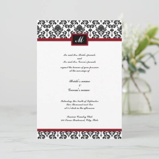 Faire-part de mariage noir et rouge de monogramme (Debout devant)