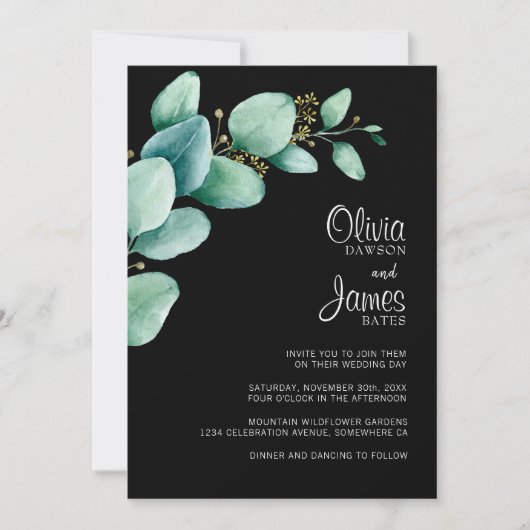 Faire-part de mariage noir Feuille d'Eucalyptus (Devant)