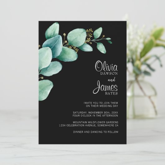 Faire-part de mariage noir Feuille d'Eucalyptus (Debout devant)