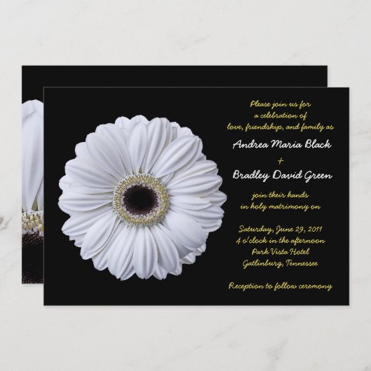 Faire-part de mariage noir Gerbera Daisy blanc (Devant / Derrière)