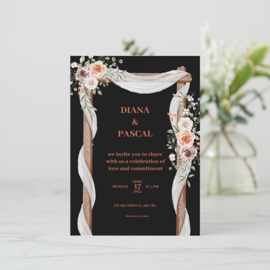 Faire-part de mariage noir, marron et rose (Debout devant)