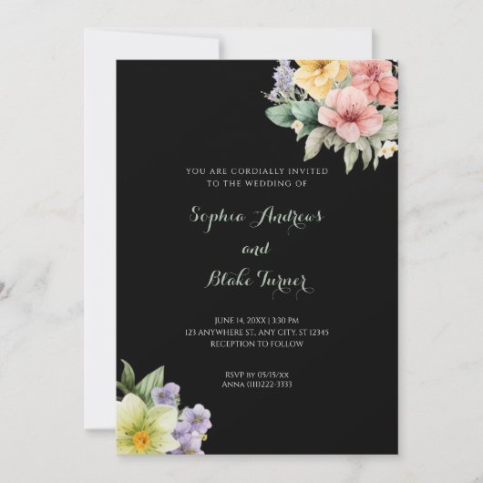 Faire-Part de Mariage Noir Moderne & Fleurs Pastel (Devant)